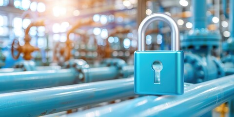 Poster - A blue padlock on industrial pipes, symbolizing security and protection within a manufacturing or processing environment.