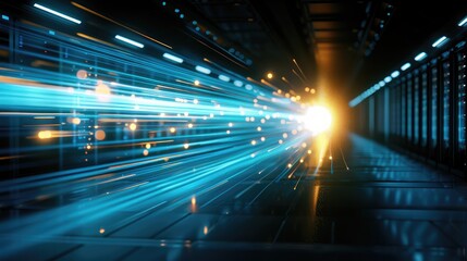 Poster - A dynamic visual of bright blue and yellow light streaks, creating an impression of speed and movement within a dark corridor.