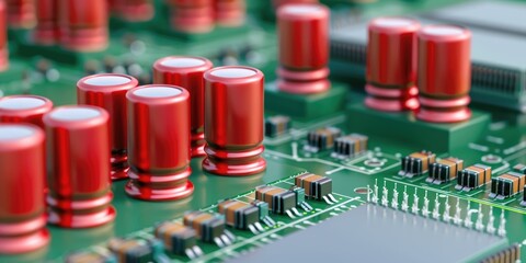 Poster - A detailed close-up of a green circuit board featuring prominent red capacitors and intricate electronic components, showcasing technology's complexity.