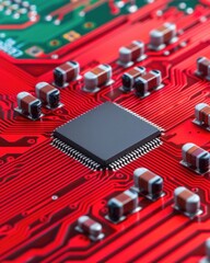 Poster - A close-up view of a red circuit board featuring a central microchip, surrounded by various electronic components, showcasing intricate connections and technology.
