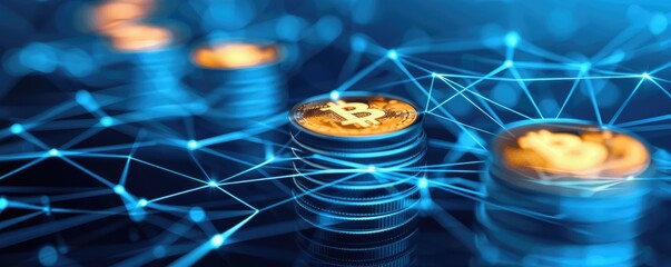 Poster - The image depicts digital coins with Bitcoin symbols, surrounded by a network of lines, illustrating cryptocurrency and blockchain technology.