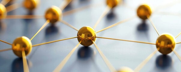 Poster - A close-up image of interconnected golden spheres representing a network or molecular structure, highlighting connections and relationships.