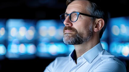 Poster - A thoughtful man with glasses contemplates in front of multiple screens, highlighting focus and contemplation in a modern environment.