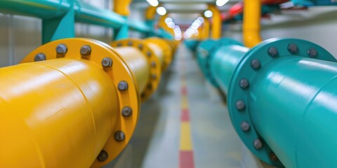 Poster - Colorful pipes in a well-lit industrial corridor, showcasing vibrant hues of yellow and teal, emphasizing a modern infrastructure design.