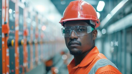 Poster - A focused worker in safety gear stands in an industrial setting, emphasizing safety and professionalism in the workplace.