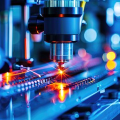 Poster - A close-up of a high-tech laser cutting machine in action, showcasing precision and vibrant lights in a manufacturing setting.