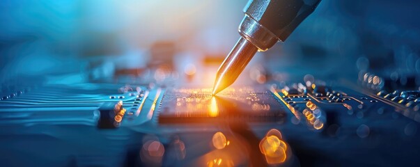 Poster - A close-up of a soldering pen applying heat to a circuit board, illustrating electronics and technology in action.