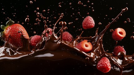 Poster - A vibrant display of fresh strawberries and raspberries erupts in a rich, molten chocolate splash, evoking a sense of sweetness and decadence that beckons indulgence