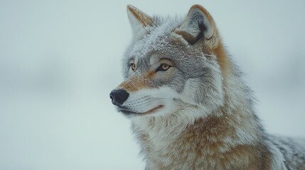  Close-up portrait of a wolf in snowy winter.