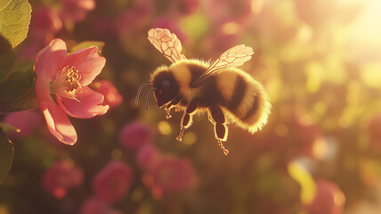 Wall Mural - Bee in flight in spring time.