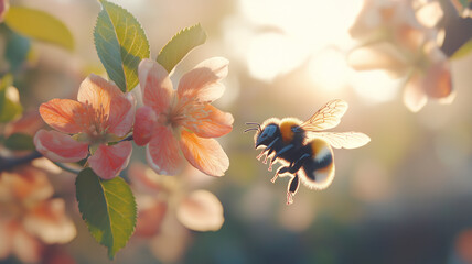 Wall Mural - Bee in flight in spring time.