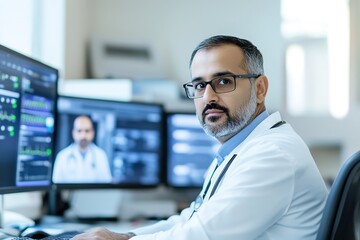 Poster - focused doctor analyzing data on multiple computer screens