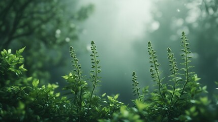 A lush green field with a few plants in the foreground