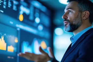 Poster - Man analyzing interactive digital data charts on screen
