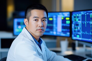 Poster - Focused Asian doctor with monitors displaying data in background