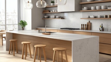 Interior of modern kitchen with white marble countertop and wooden