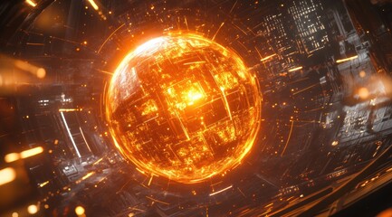 Wall Mural - a glowing orange ball of energy, floating in space and surrounded by swirling sparks and light beams