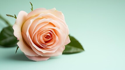 Poster - Pastel rose idea. A delicate peach rose with soft petals resting on a soothing mint green background.