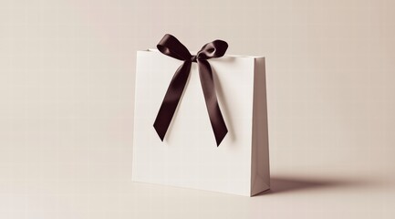 a white gift bag mockup, rectangular in shape with a dark brown ribbon handle on the front, on a cle