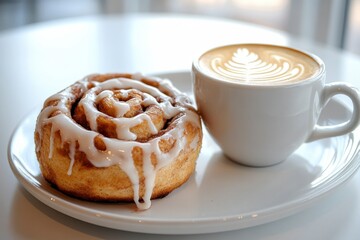 Wall Mural - A cinnamon roll and a latte coffee on a white plate