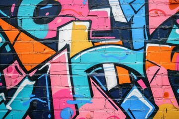 Poster - Vibrant street art showcasing dynamic shapes and colors on a brick wall