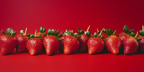 Wall Mural - Vibrant fresh strawberries displayed against a striking red background, showcasing the alluring appeal of fresh strawberries and their rich color in an eye catching composition.