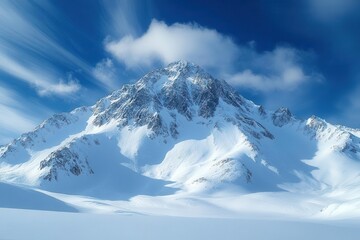 Wall Mural - majestic mountain summit blanketed in pristine snow under a bright blue sky, with wispy clouds drifting by, evoking a sense of tranquility and adventure