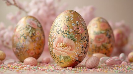 Poster - Decorated Easter Eggs With Floral Designs And Pastel Sweets