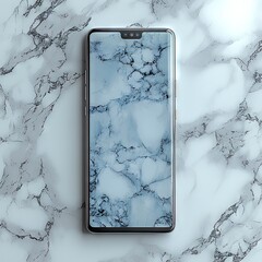 Poster - A sleek smartphone with a marble background rests on a marble surface. Its modern design and elegant display create a visually appealing aesthetic.