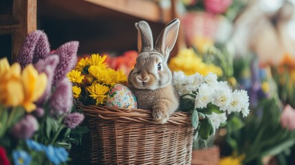 Poster - Easter Bunny In A Basket With Spring Flowers