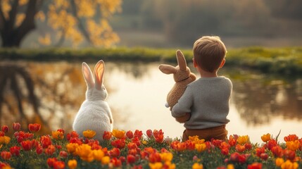 Poster - Child with Rabbits Among Spring Tulips