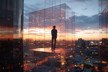 Poster - Artist surveying cyberpunk cityscape at dusk urban environment data visualization transparent platform perspective
