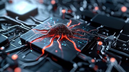 Poster - innovative technology action circuit board digital artwork futuristic environment close-up view cybe