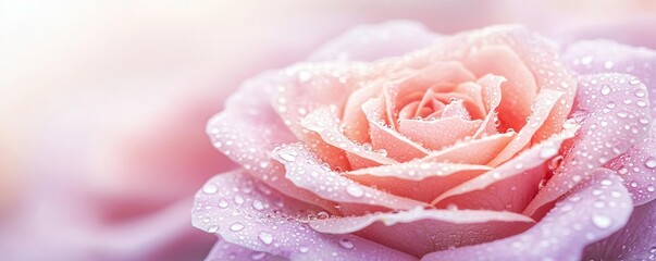 Poster - Pastel rose concept. A close-up of a delicate pink rose adorned with droplets of dew, symbolizing beauty.