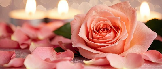 Poster - Pastel rose concept. Delicate pink rose surrounded by petals and candlelight creates a serene atmosphere.