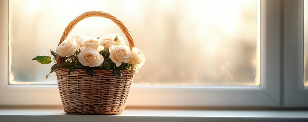 Poster - Pastel rose idea. A beautiful basket of roses sitting on a windowsill, illuminated by soft sunlight.