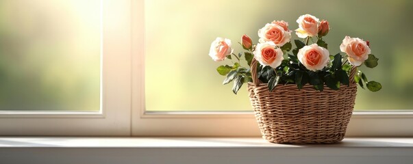Poster - Pastel rose idea. A beautiful basket of fresh roses placed on a windowsill, bathed in soft natural light.