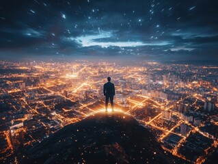 Poster - Business leader overlooking vibrant cityscape at night with data visualization of urban growth