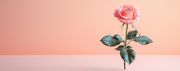 Poster - Pastel rose concept. A single pink rose stands elegantly against a soft, peach-colored background.