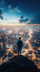 Poster - Business person overlooking neon cityscape urban connectivity data visualization nighttime inspirational viewpoint