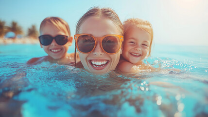 Wall Mural - Happy family enjoying swimming in the pool.