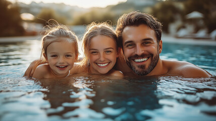 Wall Mural - Happy family enjoying swimming in the pool.