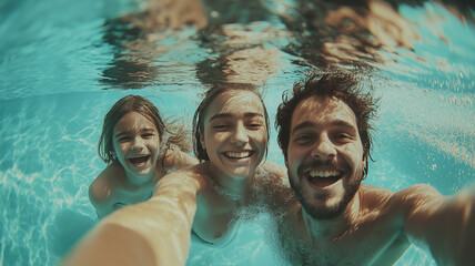 Wall Mural - Happy family enjoying swimming in the pool.