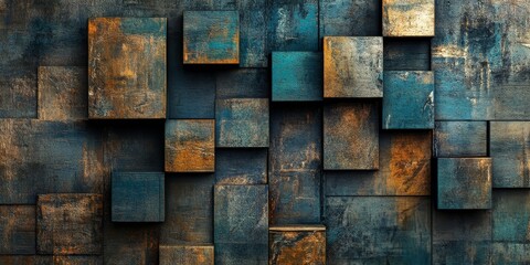 Leinwandbilder - Abstract background featuring a grunge style design, with painted and scratched metallic texture on wooden cube elements. This unique look emphasizes the rustic and artistic feel.
