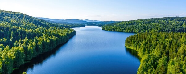 Poster - Aerial View forest idea. A serene lake surrounded by lush green forests under a clear blue sky.
