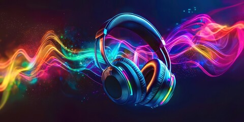 Poster - Colorful wave with a pair of headphones in the middle
