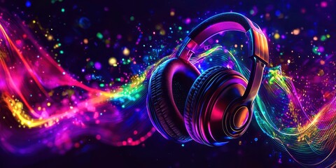 Poster - Pair of headphones is shown in a colorful background