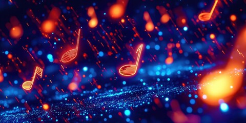Poster - Blue and orange background with musical notes scattered throughout