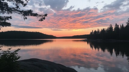 Aufkleber - Paddling through serene waters as the sun dips below the horizon, vibrant hues of orange and pink reflect on the calm lake, enveloping the landscape in a peaceful glow
