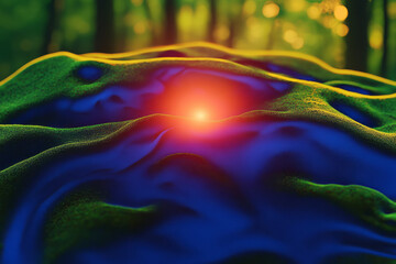Poster - a painting of a forest with a bright sun shining through the trees